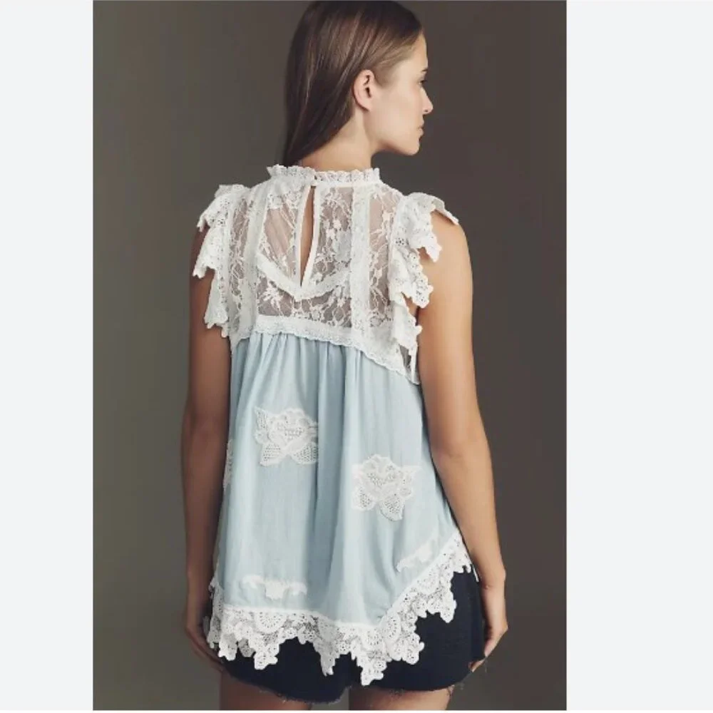 By Anthropologie Lace Appliqué Swing Top in Ivory Pattern - Size Small - NWT - Picture 2 of 7